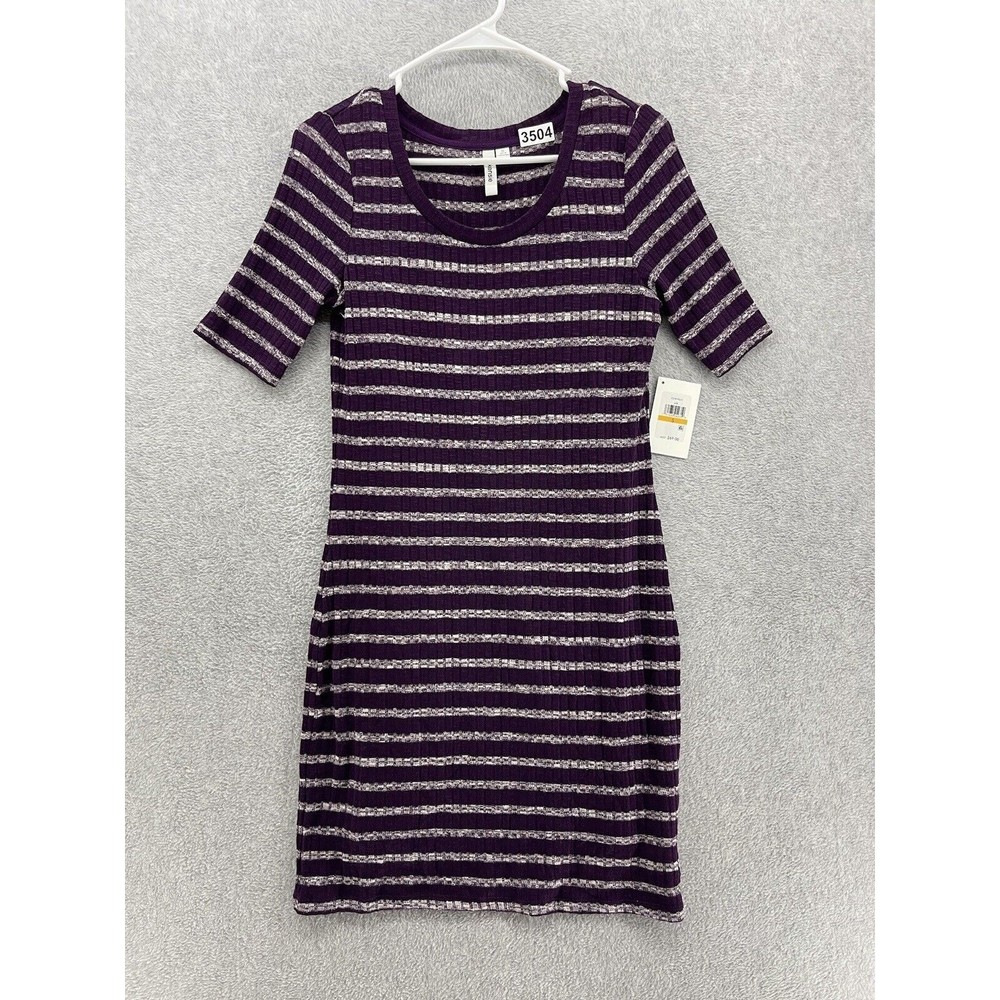 Kensie Women's T Shirt Dress Short Sleeve Striped Purple Marled Lined Small